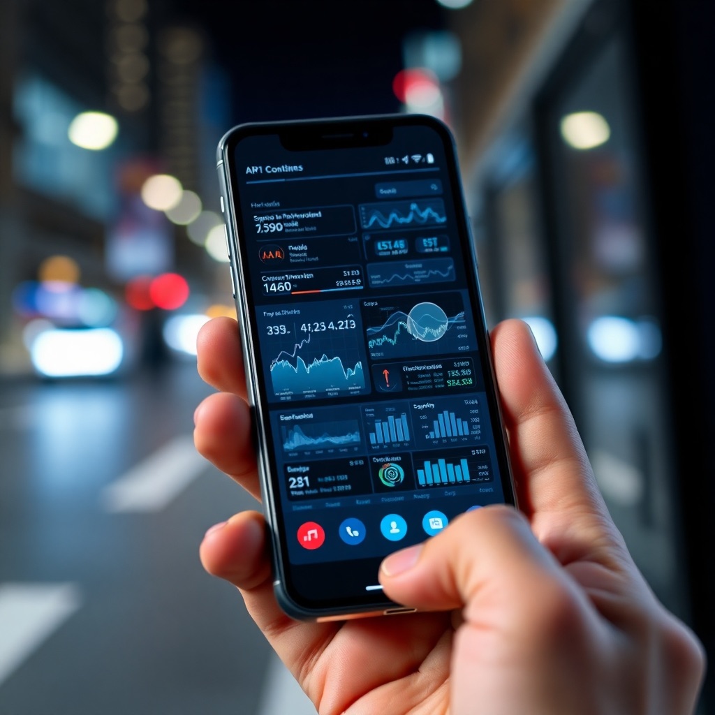 A photorealistic 4K image showcasing a mobile phone displaying a complex and visually stunning application interface running smoothly. The phone is held in a hand, with blurred city lights in the background to indicate on-the-go usage. The app interface shows dynamic graphs and data visualizations. The lighting should be bright and clear, emphasizing the app's responsiveness and smooth performance. Focus on the screen details, highlighting the sharpness and clarity of the visuals, conveying speed and efficiency.
