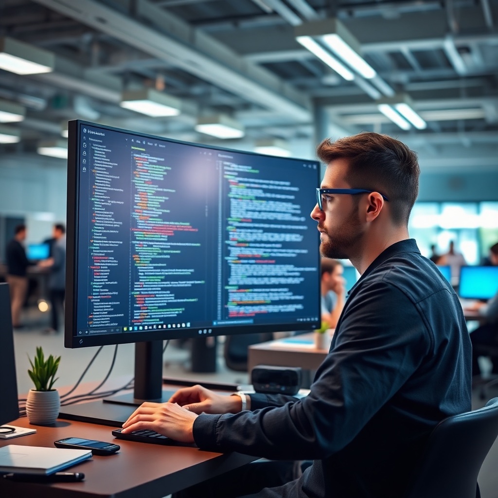 A photorealistic 4K image showcasing a developer working on a complex mobile app interface on a large monitor. The code on the screen is clear and concise, and the developer is focused and determined. The background is a modern office space, filled with other developers collaborating and innovating. The lighting should be bright and focused, emphasizing the developer's expertise and the precision of the development process.