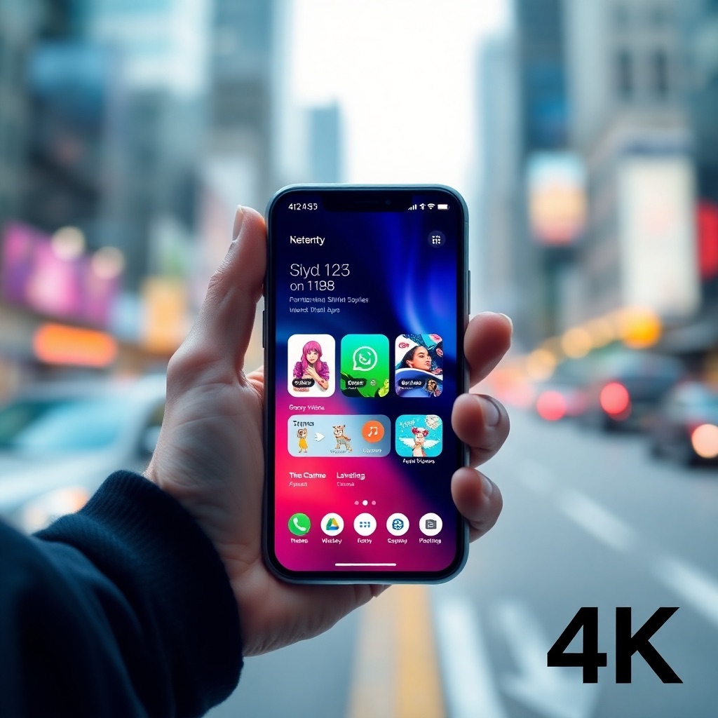 A photorealistic 4K image showcasing a clean, modern mobile app interface on a smartphone. The app interface is dynamic, featuring engaging visuals and intuitive navigation. The background is a blurred cityscape, symbolizing the on-the-go nature of mobile apps. The lighting should be bright and focused, emphasizing the app's clarity and functionality. The style is minimalist and professional.