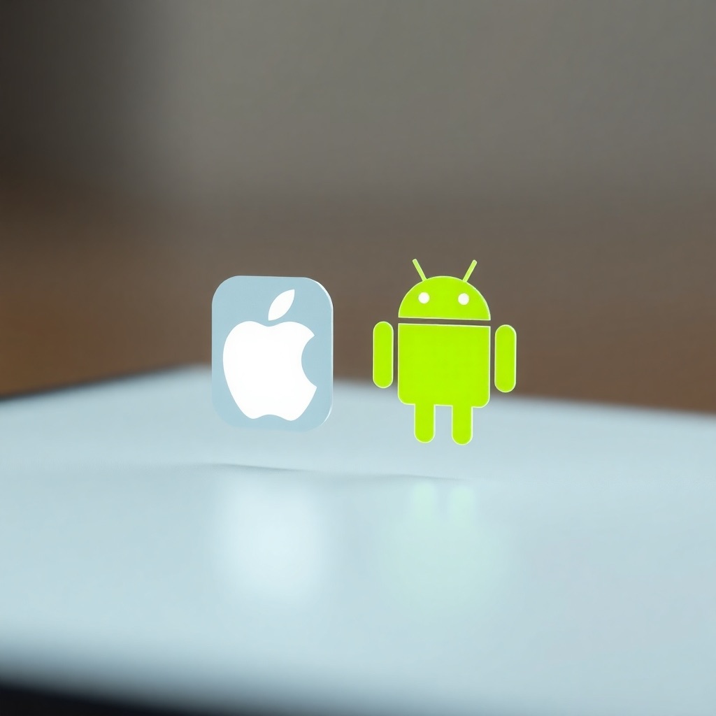 A photorealistic 4K image showing the logos of iOS and Android subtly embedded within a single, beautifully designed mobile application interface. The interface showcases a clean and modern design, representing the seamless user experience. The lighting should be soft and diffused, highlighting the app's elegance and functionality. The background is blurred, focusing attention on the app interface. The style is minimalist and professional, emphasizing the quality and craftsmanship of the development process.