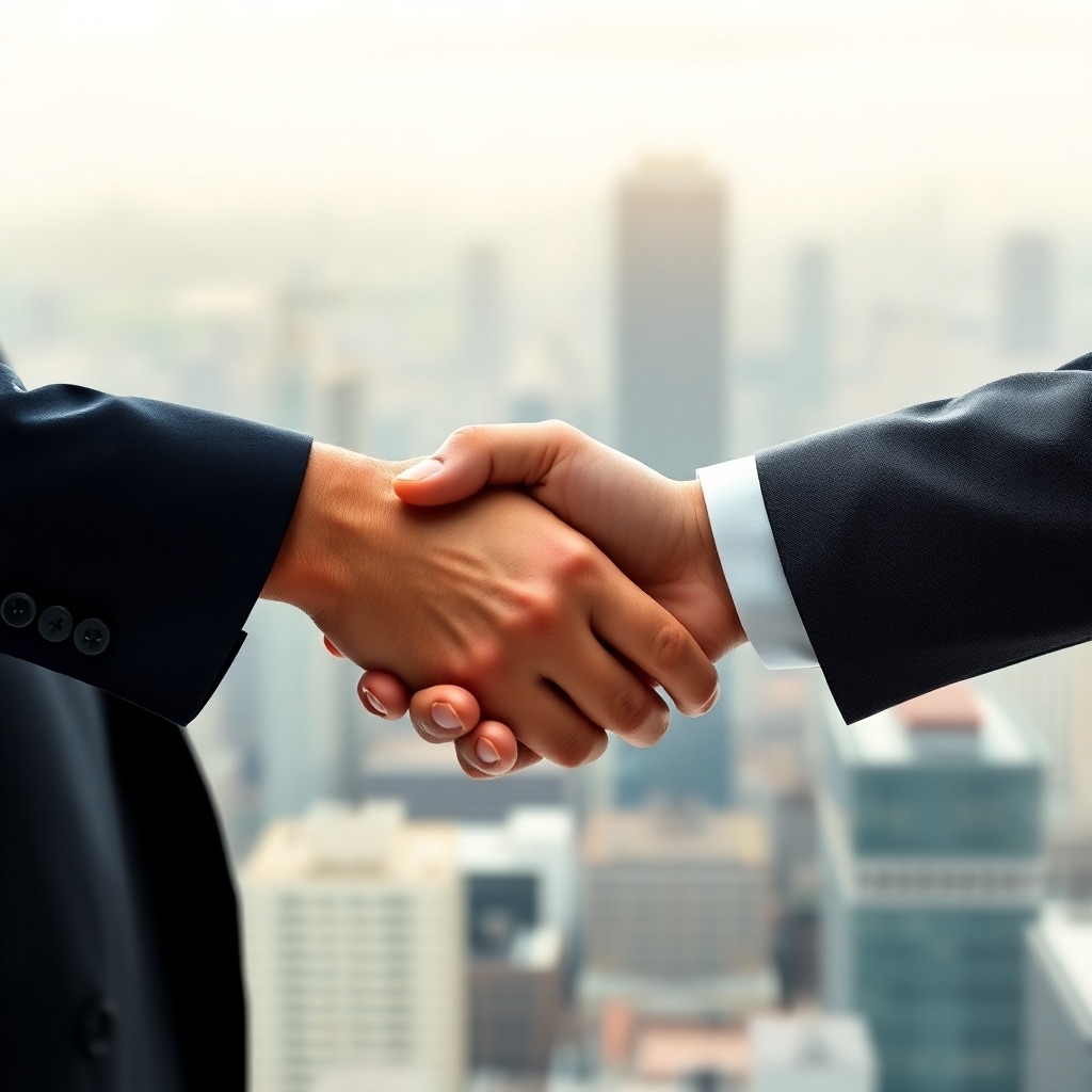 A photorealistic image of a handshake between two business partners, symbolizing a strategic partnership. The handshake should be firm and confident, representing a successful collaboration. The background should be a blurred cityscape, representing the global reach of the partnership. The style is professional and trustworthy, inspired by business photography. Technical specs: 4K resolution, high quality detail.