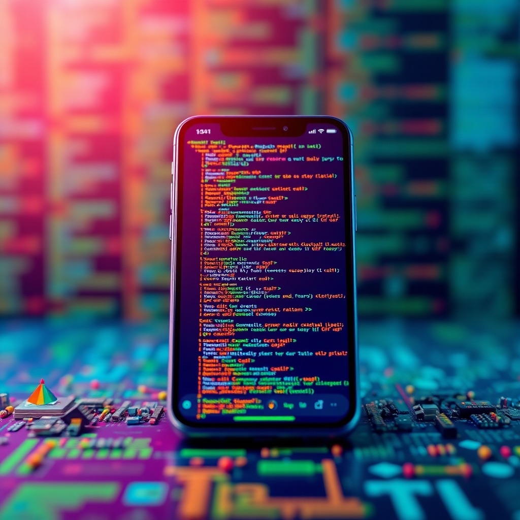 A photorealistic image of a mobile app being built from the ground up, showcasing lines of code transforming into a user interface. The color palette is vibrant, and the focus is on the creative process. Technical specs: 4k resolution, high detail.