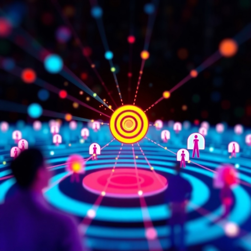 A photorealistic image of a mobile device displaying a vibrant app ad, surrounded by a network of interconnected social media icons. The ad should be eye-catching and engaging, with a clear call to action. The background should be a blurred cityscape, representing the global reach of the app. The style is modern and dynamic, inspired by digital marketing campaigns. Technical specs: 4K resolution, high quality detail.