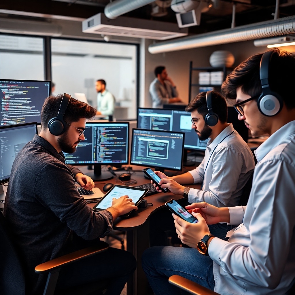 A photorealistic image showing a team of developers working collaboratively on different aspects of an app project. One is coding, another is designing the UI/UX, and another is testing on different devices. The workspace is modern and organized, filled with multiple screens and tools. The overall scene exudes a sense of creativity and innovation. Technical specs: 4K resolution, high quality detail.