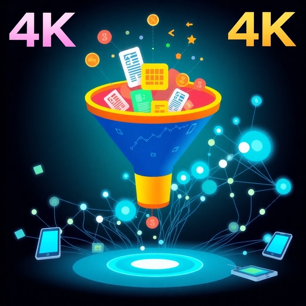A stylized 4K image depicting a funnel with data flowing in and users emerging on the other side. The funnel represents the user acquisition process, and the data symbolizes the data-driven nature of the strategy. The background shows a growing network of connected devices, symbolizing the wide reach of mobile marketing. The color scheme should be vibrant and dynamic.
