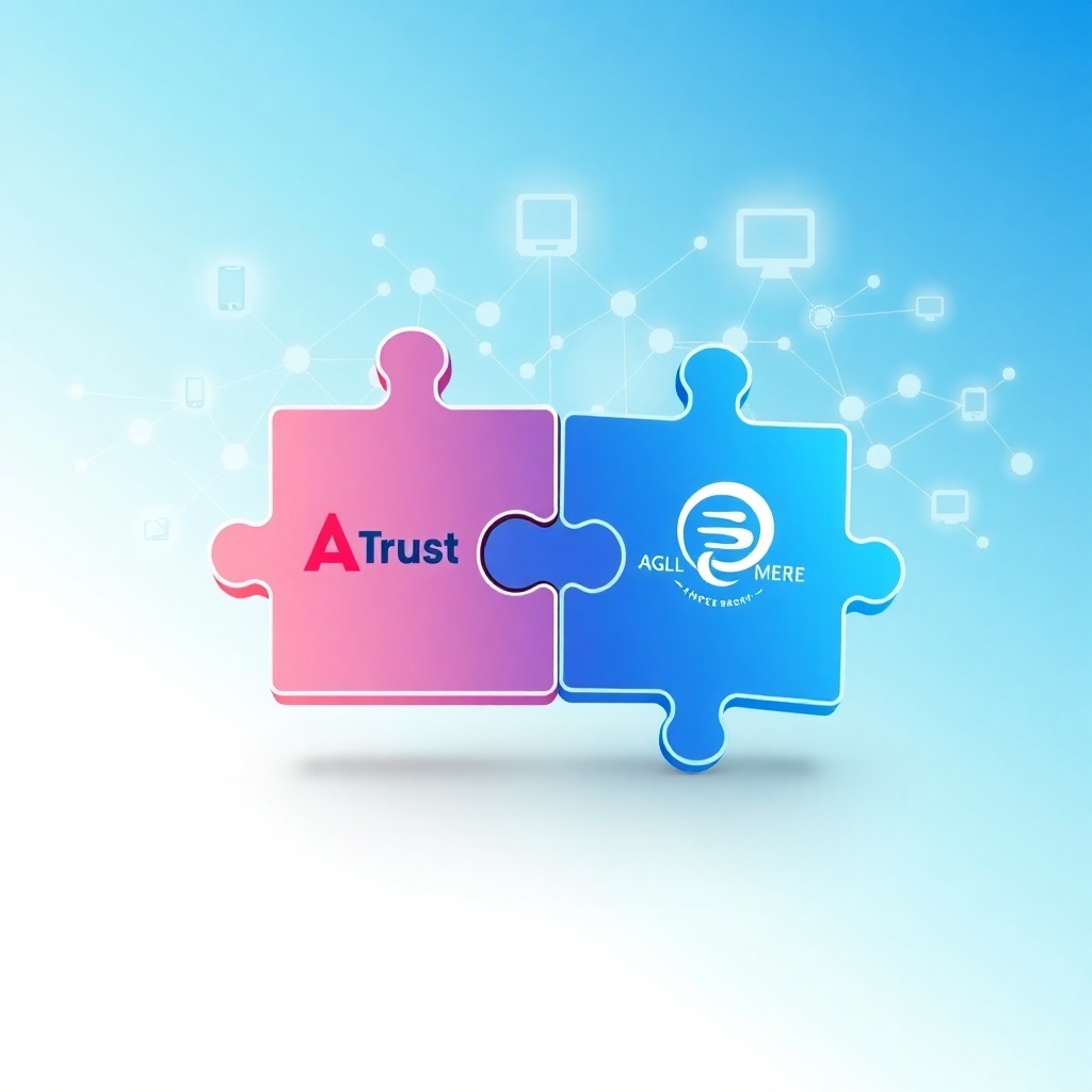 A stylized 4K image depicting two puzzle pieces fitting together, each piece representing a different company or app. The background shows a growing network of connected devices, symbolizing the expanded reach achieved through strategic partnerships. The color scheme should be harmonious and collaborative, using colors like blue and green to represent trust and growth. The overall style is clean and professional, conveying a sense of collaboration and mutual benefit.