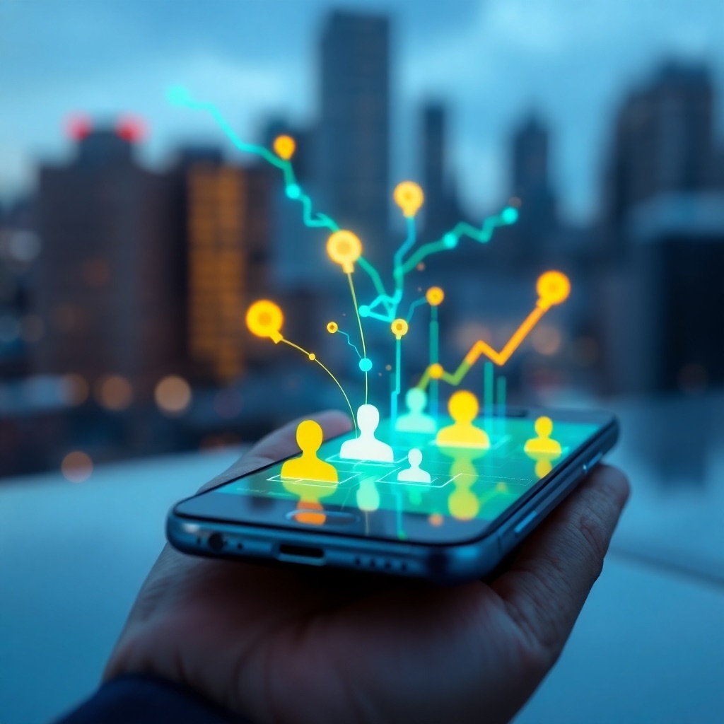 A stylized 4K image depicting a data stream flowing into a smartphone, transforming into user icons. The image should have a futuristic and technological feel, with glowing lines and abstract shapes representing data points. The color palette is primarily blue and green, with accents of orange to highlight key metrics. The background is a blurred cityscape, suggesting the wide reach of mobile marketing. The camera angle is a close-up, focusing on the smartphone screen and the flow of data.