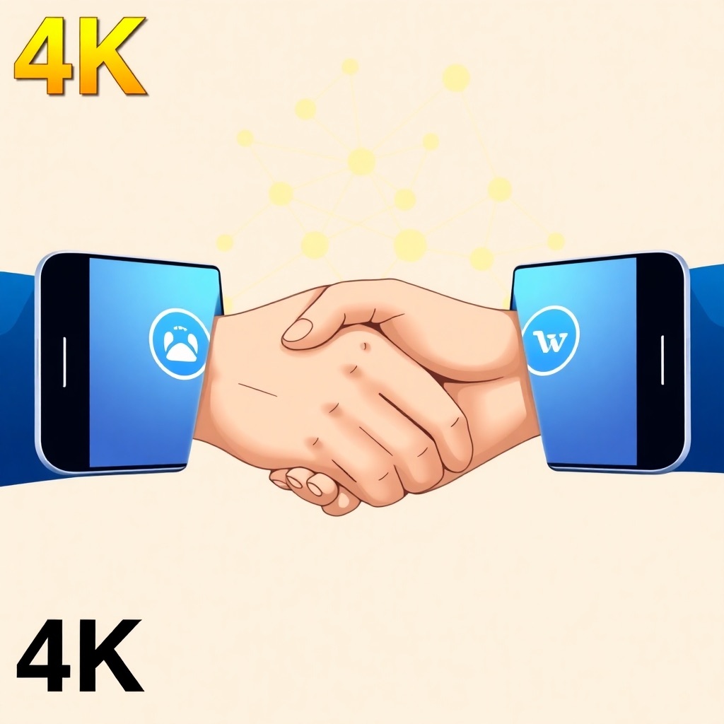 A stylized 4K image featuring two hands shaking, forming a bridge between two different app icons on smartphone screens. The background shows abstract representations of interconnected networks, symbolizing the collaborative nature of strategic partnerships. The color scheme should be warm and inviting, using colors like gold and blue, suggesting trust and reliability. The overall style is clean and professional, conveying a sense of collaboration and mutual benefit.