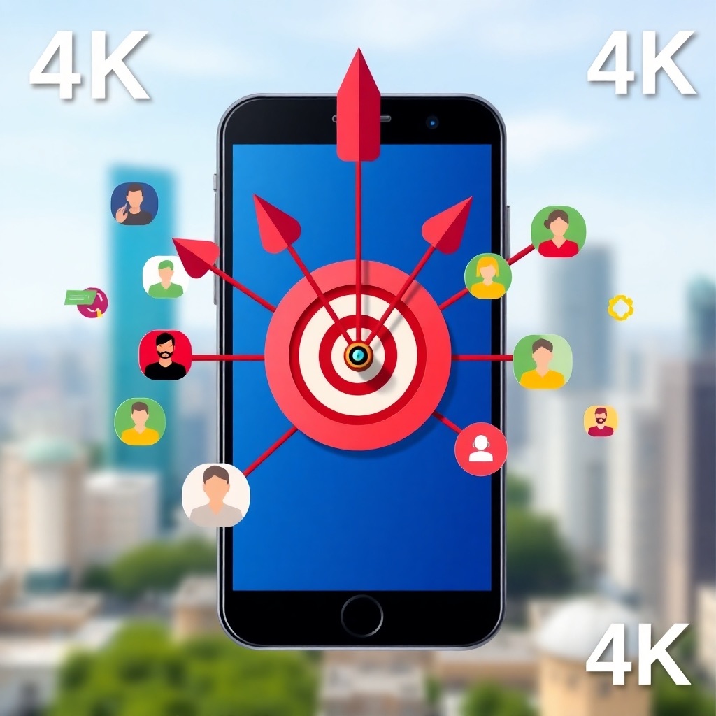 A stylized 4K image featuring a bullseye target on a smartphone screen, with arrows representing targeted marketing campaigns hitting the mark. Surrounding the phone are diverse user icons, indicating the diverse user base reached through the campaign. The color palette is vibrant and dynamic, using colors like red, green, and yellow to represent the different facets of marketing. The background is a blurred cityscape, symbolizing the wide reach of mobile marketing.