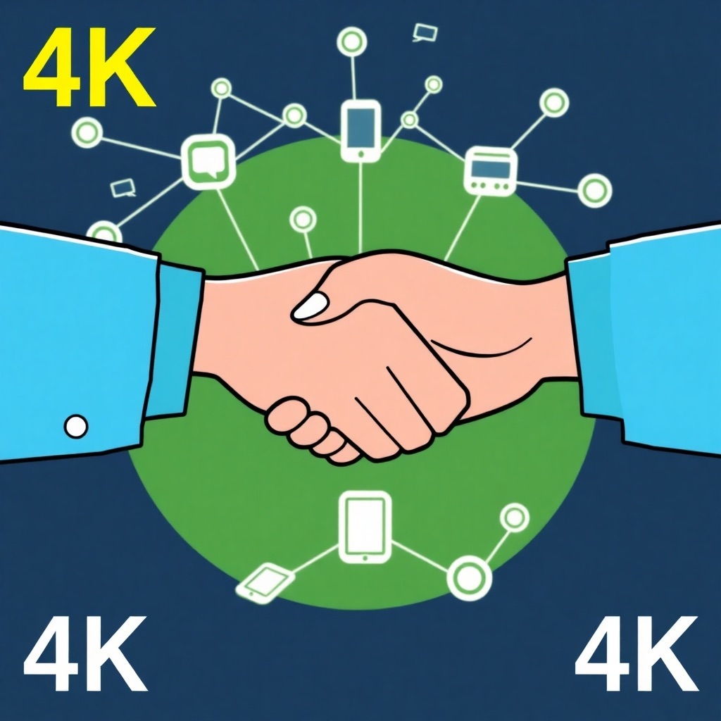 A stylized 4K image featuring two hands shaking, forming a bridge between two different companies or apps. The background shows a growing network of connected devices, symbolizing the expanded reach achieved through strategic partnerships. The color scheme should be harmonious and collaborative, using colors like blue and green to represent trust and growth. The overall style is clean and professional.