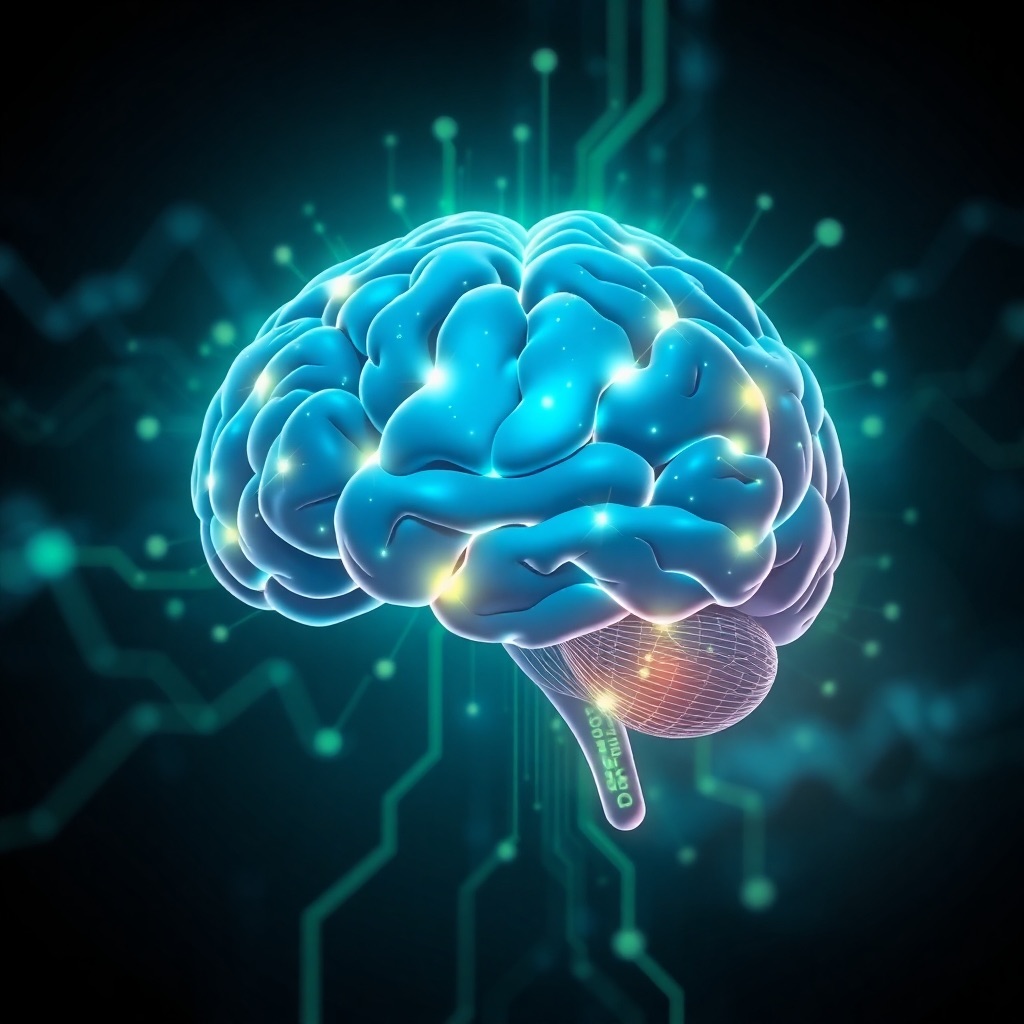 A stylized image of a digital brain illuminated with data streams, symbolizing the power of data-driven decision-making. The color palette should be a mix of blues and greens, representing intelligence and growth. The background should be dark and abstract, emphasizing the glowing brain. The style is modern and futuristic, inspired by science fiction and data visualization. Technical specs: 4K resolution, high quality rendering.